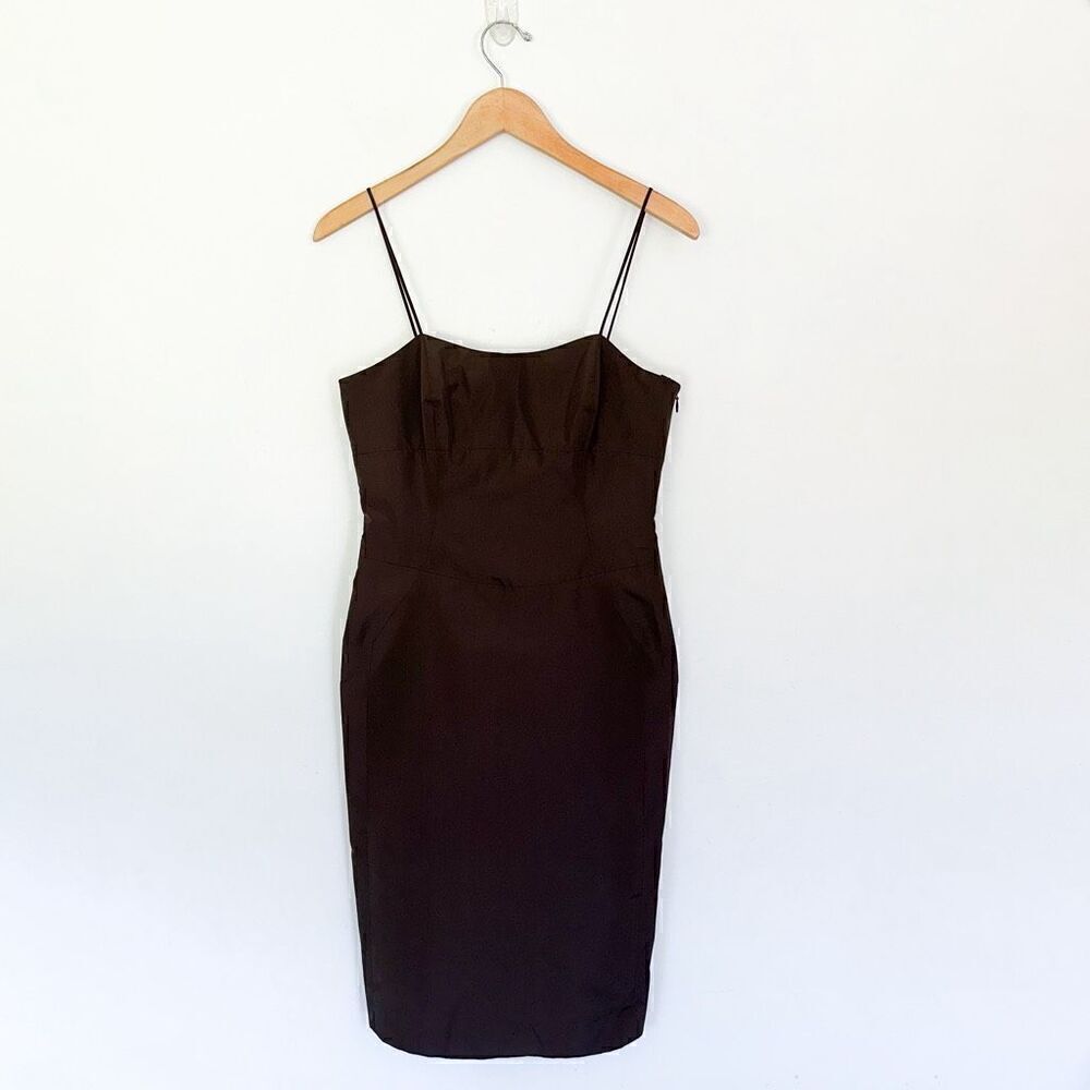 Worth Women’s Brown Taffeta Pencil Spaghetti Strap Silk Blend Fitted Square Neck
